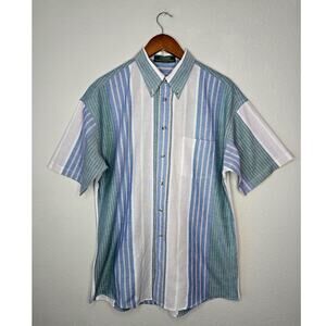Vintage Colorblock Button Up Shirt Mens L Retro Striped Short Sleeve Button Down